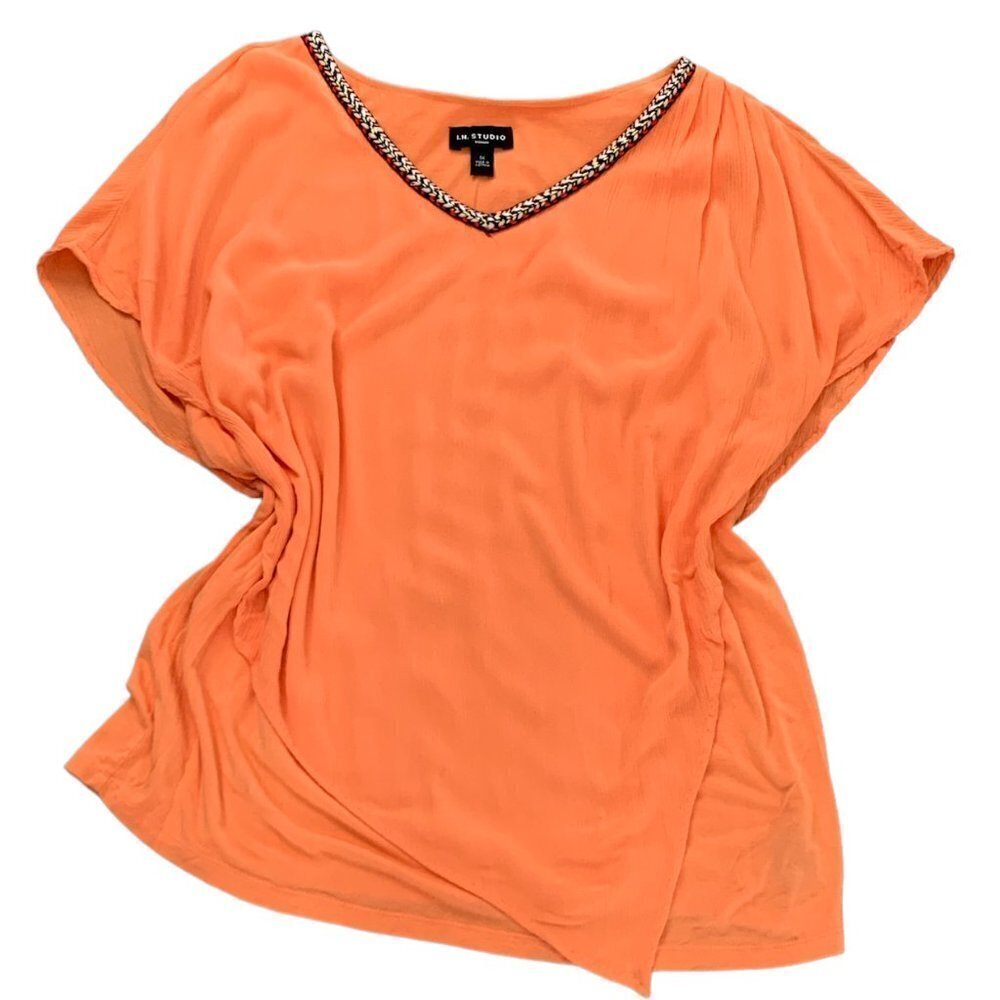 I.N. Studio Gauze Overlay Top Embroidered Neck Plus Sz 1X Orange #104K